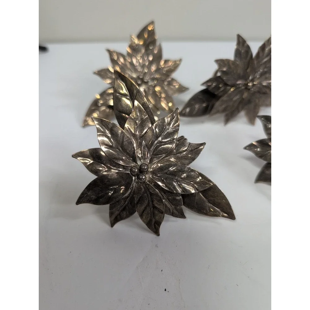 4 Metal Bronze Poinsettia Napkin Rings Holiday Christmas Table Decor